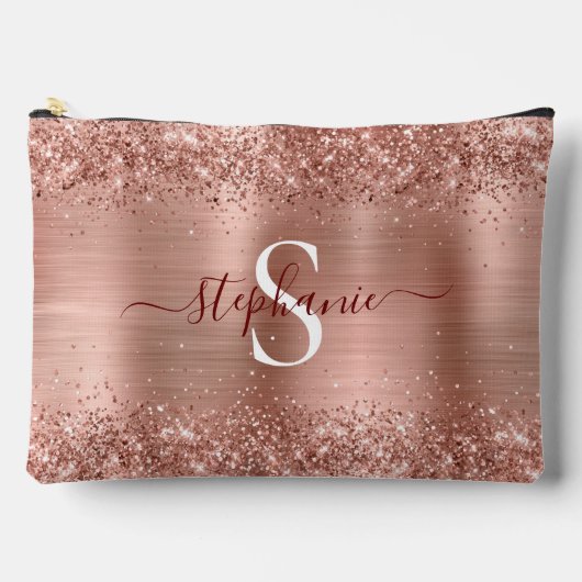 Monogram Rose Gold Imitats-Glitzer Girly Glam Zubehörtasche (Vorderseite)