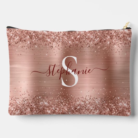 Monogram Rose Gold Imitats-Glitzer Girly Glam Zubehörtasche (Rückseite)