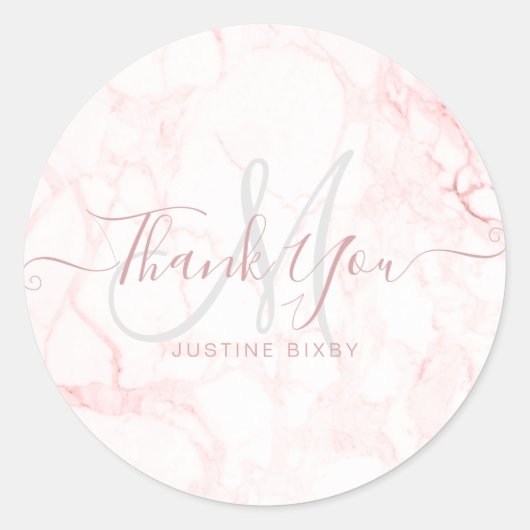Monogram Rose Gold Marble Chic Script Vielen Dank Runder Aufkleber (Vorderseite)