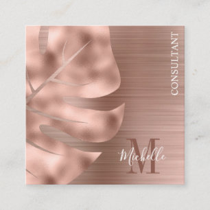 Monogram Rose Gold Palm Leaf Brushed Metal Quadratische Visitenkarte