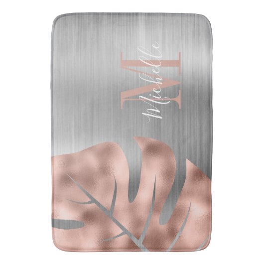 Monogram Rose Gold Palm Silber Leaf Brushed Metal Badematte (Vorderseite Vertikal)