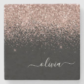 Monogram Rose Gold Pink Black Glitzer Script Steinuntersetzer (Vorderseite)