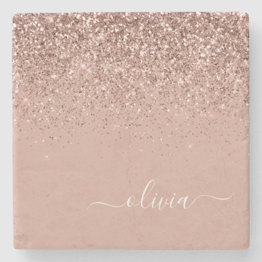 Monogram Rose Gold Pink Black Glitzer Script Steinuntersetzer (Vorderseite)