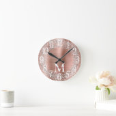 Monogram Rose Gold Silver Glitter Glam Runde Wanduhr (Zuhause)
