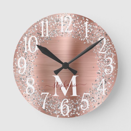 Monogram Rose Gold Silver Glitter Glam Runde Wanduhr (Vorderseite)