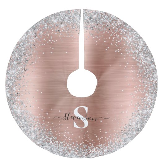 Monogram Rose Gold Silver Glitzer Glam Bürste Polyester Weihnachtsbaumdecke (Vorderseite)