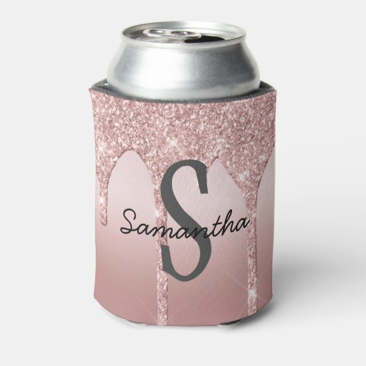 Monogram Rose Gold Tropfen Glitzer Rosa Trendy Dosenkühler (Kanne Rückseite)
