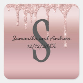 Monogram Rose Gold Tropfen Glitzer Rosa Trendy Quadratischer Aufkleber