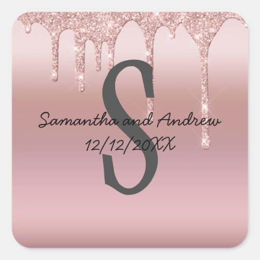 Monogram Rose Gold Tropfen Glitzer Rosa Trendy Quadratischer Aufkleber (Vorderseite)