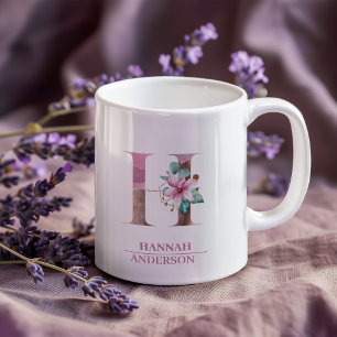 Monogram Rose Gold Watercolor Blume Letter H Kaffeetasse
