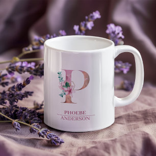 Monogram Rose Gold Watercolor Blume Letter P   Kaffeetasse