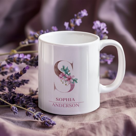 Monogram Rose Gold Watercolor Blume Letter S Kaffeetasse