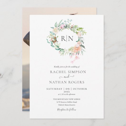 Monogram Rose Greenery Blumenzwiebeln Foto Hochzei Einladung (Vorne/Hinten)