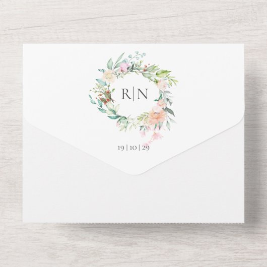 Monogram Rose Greenery Floral Wedding All In One Einladung (Rückseite)