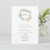 Monogram Rose Greenery Floral Wedding Einladung (Stehend Vorderseite)
