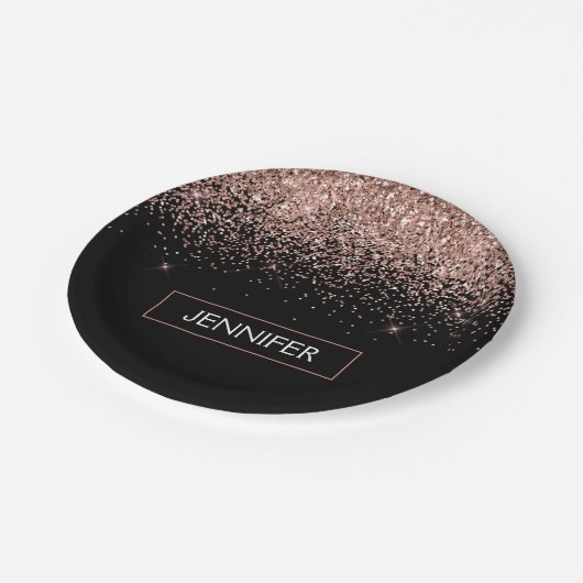 Monogram Rose Rose Gold Glitzer & Sparkline Pappteller (Schrägansicht)