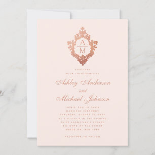 Monogram-Roségold-Blumen-Wappen-Rosa Hochzeit Einladung