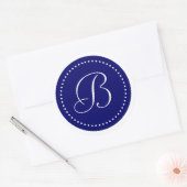 Monogram Round Navy Blue/White Dot Border Runder Aufkleber (Umschlag)