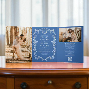 Monogram Royal Blue French Viktorianisch Foto Wedd Dreifach Gefaltete Einladung