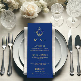 Monogram Royal Blue Imitats Gold Foil Wappen Weddi Menükarte