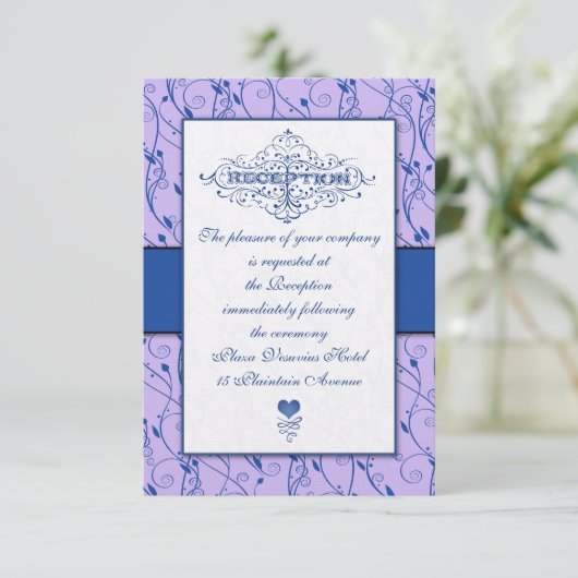 Monogram Royal Blue Lilac Swirl Wedding Reception Einladung (Stehend Vorderseite)