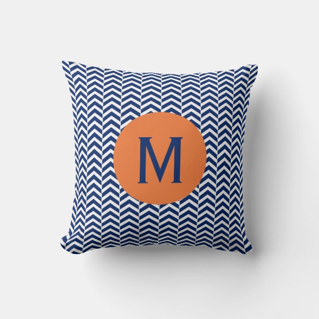 Monogram Royal Blue mit Orange Zickzack Pattern Kissen (Vorderseite)