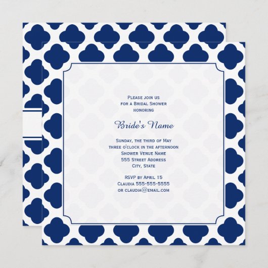 Monogram Royal Blue Quatrefoil Brautparty Einladung (Vorne/Hinten)