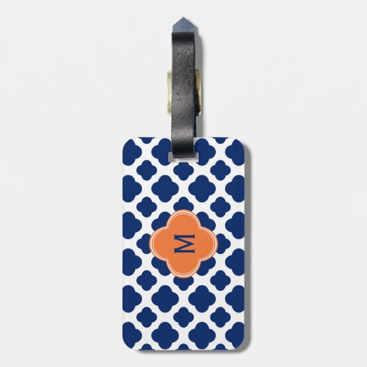 Monogram Royal Blue Quatrefoil Pattern mit Orange Gepäckanhänger (Rückseite vertikal)