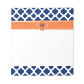 Monogram Royal Blue Quatrefoil Pattern mit Orange Notizblock (Vorderseite)