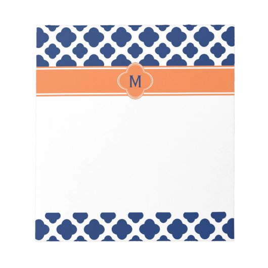 Monogram Royal Blue Quatrefoil Pattern mit Orange Notizblock (Vorderseite)