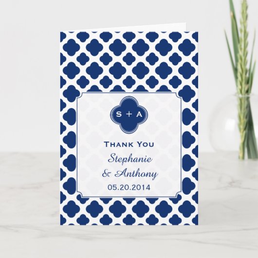Monogram Royal Blue Quatrefoil Wedding Danke (Vorderseite)