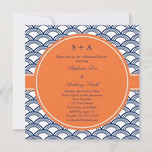 Monogram Royal Blue Seigaiha Pattern mit Orange Einladung (Vorderseite)