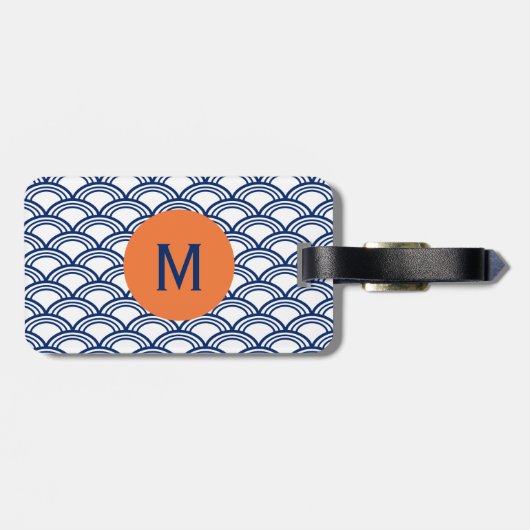 Monogram Royal Blue Seigaiha Pattern mit Orange Gepäckanhänger (Rückseite horizontal)