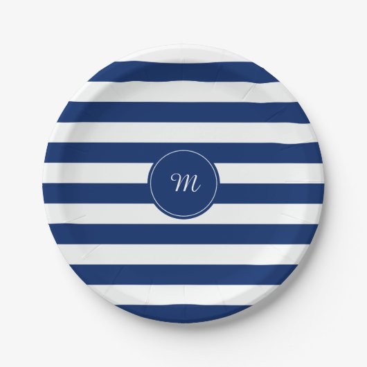 Monogram Royal Blue Striping Pappteller (Vorderseite)