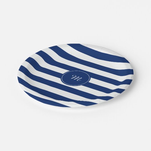 Monogram Royal Blue Striping Pappteller (Schrägansicht)