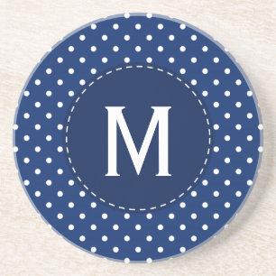 Monogram Royal Blue und White Polka Dot Muster Sandstein Untersetzer