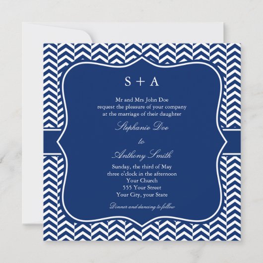 Monogram Royal Blue Zickzack Pattern Wedding Einladung (Vorderseite)