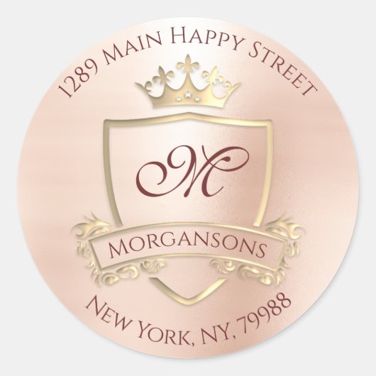 Monogram Rücksendeadresse Crown Royal Blush Burgun Runder Aufkleber (Vorderseite)
