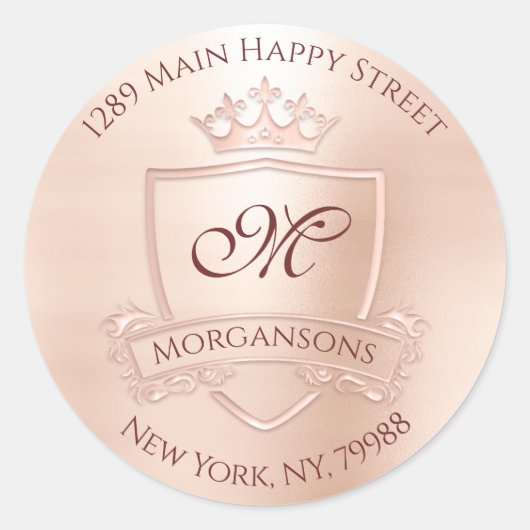 Monogram Rücksendeadresse Crown Royal Blush Rosse Runder Aufkleber (Vorderseite)