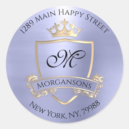 Monogram Rücksendeadresse Crown Royal Gold Blue Runder Aufkleber (Vorderseite)