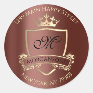 Monogram Rücksendeadresse Crown Royal Gold Brown Runder Aufkleber
