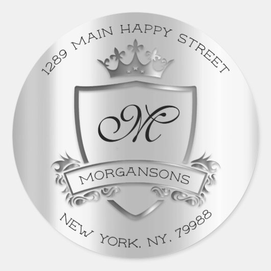 Monogram Rücksendeadresse Crown Royal Silver Weddi Runder Aufkleber (Vorderseite)