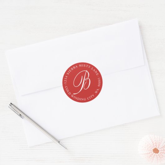 Monogram Rücksendeadresse Wedding Red Umschlag Auf Runder Aufkleber (Umschlag)
