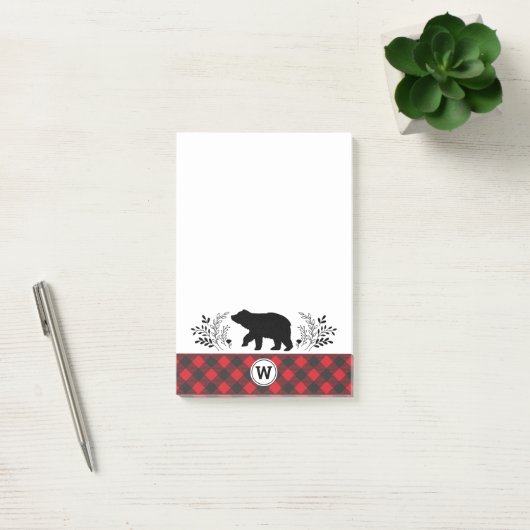 Monogram Rustic Bear Buffalo Kariert Post-it Klebezettel (Büro)