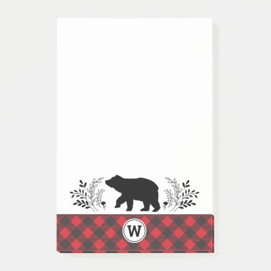 Monogram Rustic Bear Buffalo Kariert Post-it Klebezettel (Vorderseite)
