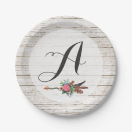 Monogram Rustic Bohemisch Feathers Arrow Wedding Pappteller