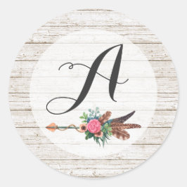 Monogram Rustic Bohemisch Feathers Arrow Wedding Runder Aufkleber
