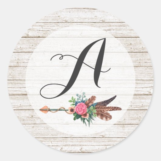 Monogram Rustic Bohemisch Feathers Arrow Wedding Runder Aufkleber (Vorderseite)