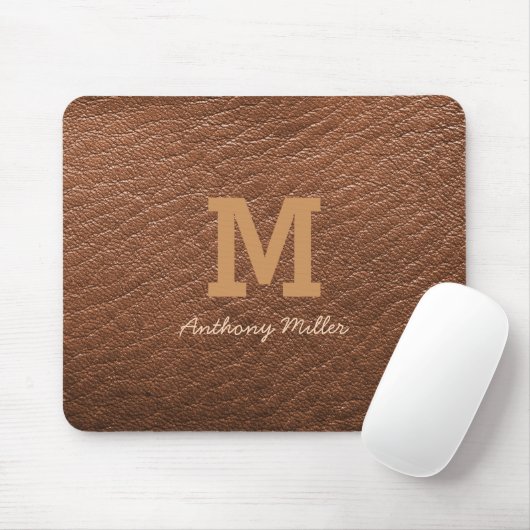 Monogram Rustic Brown Leather Name Script Modern Mousepad (Mit Mouse)