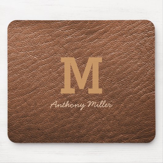 Monogram Rustic Brown Leather Name Script Modern Mousepad (Vorne)